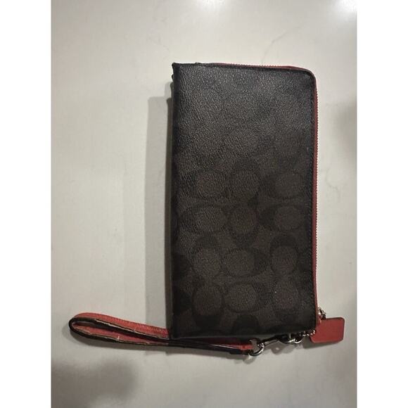 Coach Signature Wristlet Brown/Red Leather Trim – Classic Logo Print - Picture 2 of 11